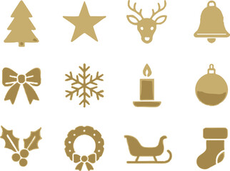 A minimalist vector-style Christmas icon sheet with 12 icons arranged in a clean 3x4 grid on a solid background