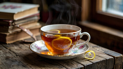 Obraz premium Lemon zest curls float in a steaming cup of tea