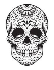 A black and white, intricately decorated sugar skull illustration for the Mexican Day of the Dead celebration.
