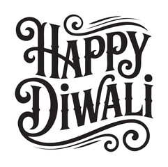 Happy Diwali ornate lettering in black and white, with decorative swirls.