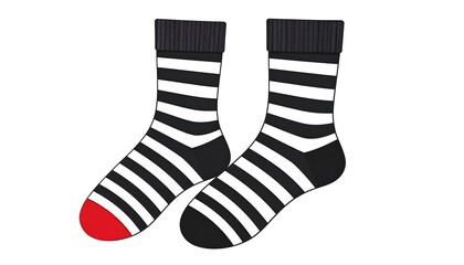 Graphic illustration of a pair of striped socks, one with a red toe