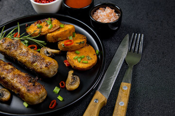 Delicious grilled sausages and roasted vegetables served on a black plate with fresh herbs and seasonings for a flavorful meal experience
