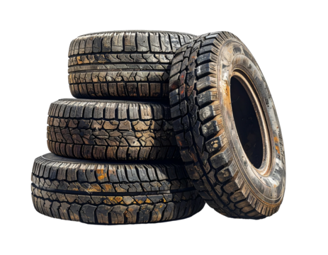 A stack of four used tires, one leaning, with visible treads and weathering