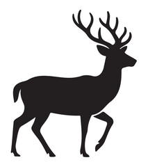 A silhouette of a majestic stag with large antlers walking with its head held high.