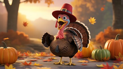 Funny cartoon turkey wearing a pilgrim hat standing in an autumn forest scene