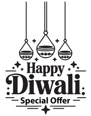 A black and white line art design for a 'Happy Diwali Special Offer' with hanging lanterns and stars.