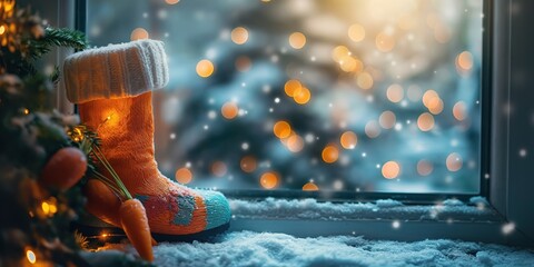 A festive winter scene featuring a colorful boot by a window, decorated for St Nicholas Day. Snow outside and warm lights create a cozy atmosphere.