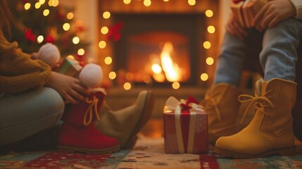 Two pairs of festive boots sit by a cozy fireplace, surrounded by holiday decorations and a gift box. The scene captures the warmth of St Nicholas Day celebrations.