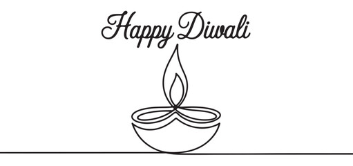 Happy Diwali greeting card with a minimalist continuous line art diya lamp illustration.