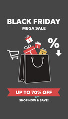 Black Friday Mega Sale with shopping bag gifts and discount Shop now and save