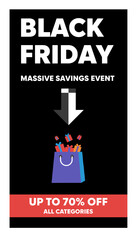 Black Friday sale graphic massive savings event up to 70 off Ideal for retail promotions