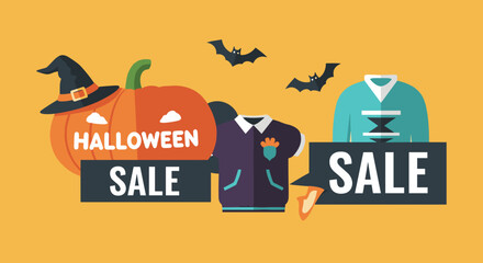 Festive Halloween Sale illustration with pumpkin witch hat bats and clothing items perfect for holiday promotions