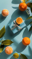 A blue gift box with a ribbon sits on a light blue surface, surrounded by oranges and leaves. The scene evokes festive holiday traditions and celebrations.