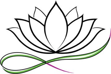 Fototapeta premium Lotus Flower Outline with Green and Purple Swirls on White Background