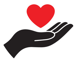 A simple black silhouette of an open hand holding a floating red heart, symbolizing love, care, and charity.