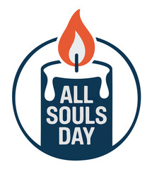 A dark blue candle with a bright orange flame sits inside a navy blue circle, with the words 