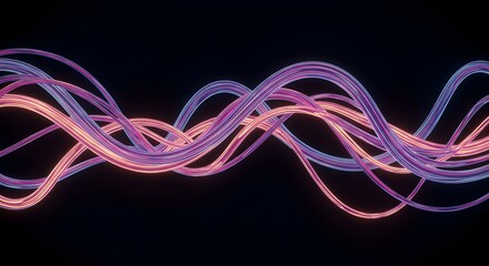 Colorful, flowing, intertwined ribbons of light, glowing against a stark black background