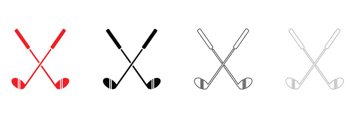 crossed golf stick vector icon, pair of iron or wedge golf club vector, silhouette and line art