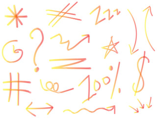 Hand drawn colorful doodle arrows and signs on white background, Abstract orange yellow sketch with arrows and creative symbols, Vibrant marker line doodle set with arrows and decorative icons