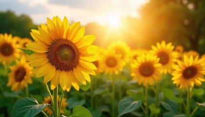 Fototapeta premium Vibrant sunflowers bask in the golden sunlight, their faces turned towards the sun in a field of summer blooms A picturesque scene of nature's beauty and abundance , beauty, botany, joyful