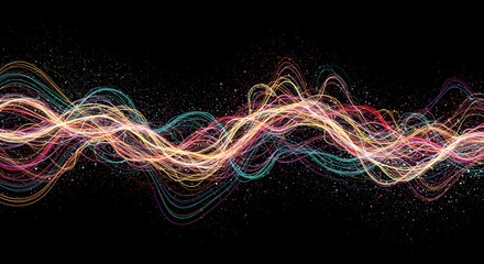 Colorful, flowing lines, waves of light and particles against a black background