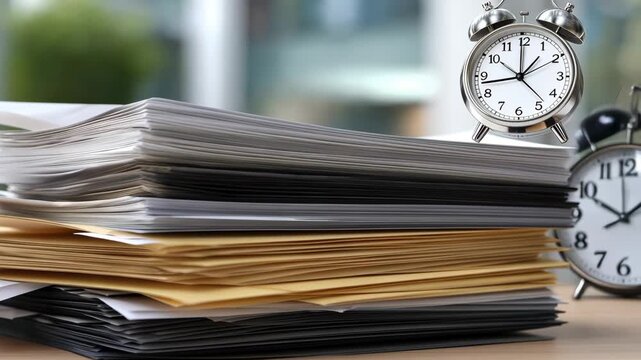 Busy office desk filled with paperwork and an alarm clock showing the time during a hectic workday