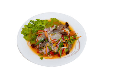 Spicy raw shrimp salad served on a white plate, Thai traditional food with fresh shrimp, chili,...