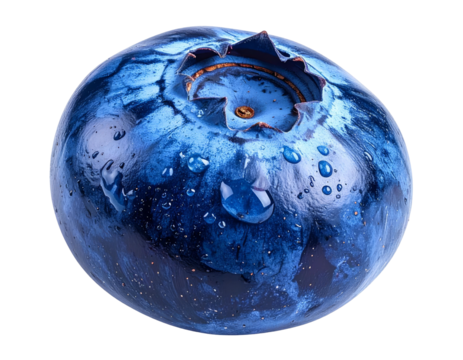 Close-up of a single ripe, round berry with a crown and water droplets