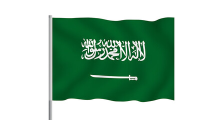 A waving saudi arabian flag with arabic text and a sword displayed on a white background isolated