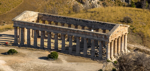 Aerial view of the Temple of Segesta, located near Palermo. It is an Elymian temple of the ancient Greek city located in the archaeological area of ​​Calatafimi-Segesta, in Sicily, Italy.