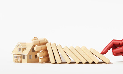 Wooden hand stopping falling dominoes in front of a wooden house while a red robotic hand pushes from the other side, symbolizing home protection and insurance. 3d rendering.