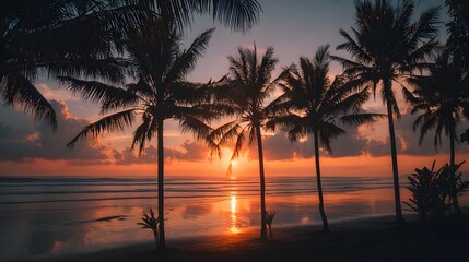 Obraz premium Golden Bali Tropical Sunset with Palm Trees