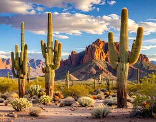 Desert scene with towering cacti and rugged mountain range