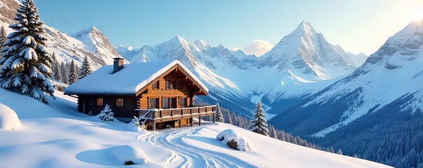Fototapeta premium A cozy chalet nestled amidst snow-capped peaks, with climbing gear visible nearby, suggesting an adventurous mountain getaway Perfect for travel, adventure, and winter themes , ropes, travel