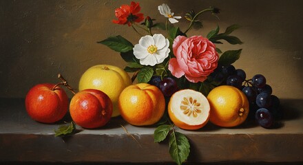 Classic still-life painting featuring vibrant fruits, flowers, and a slice of melon on a stone ledge © awake