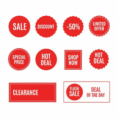 Red Sale and Discount Badges for Promotions and Offers.
