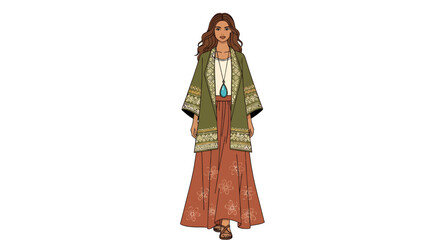 Bohemian Chic Fashion Style Vector.Flat vector design of boho outfit with flowy maxi skirt and embroidered jacket, earthy tones of terracotta and olive, trendy bohemian style.