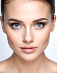 Fototapeta premium Close-up of a woman's face, focused on her eyes with dotted lines indicating potential cosmetic work