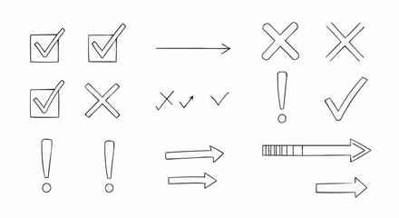 Hand-Drawn Checkmarks, Crosses, Arrows, and Exclamation Points.