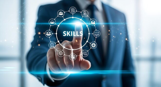 Businessman touching virtual screen with skills icon displaying professional expertise and career development in a technology driven environment showing human resources management and learning process