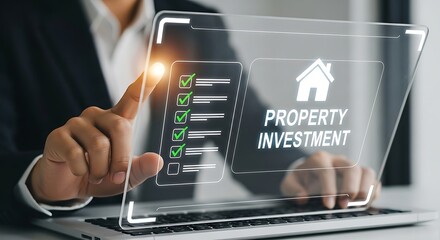Businessman analyzing property investment data on a futuristic transparent holographic display showing charts and a house icon with the text property investment