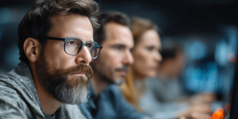 Obraz premium Cybersecurity experts in high-tech operations center monitoring digital threats and preventing cyberattacks with advanced AI systems and protocols