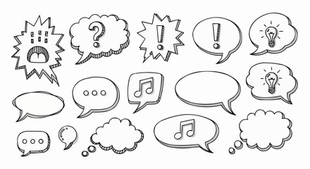 Collection of Hand Drawn Speech Bubbles and Thought Clouds with Various Symbols.