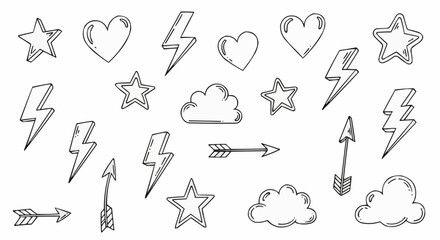 Hand-Drawn Doodle Icons - Stars, Hearts, Lightning Bolts, Clouds, and Arrows.