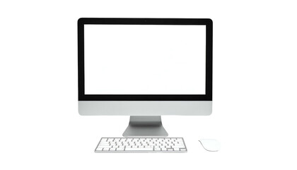 A front-facing computer with a blank screen, keyboard, and mouse against a black backdrop