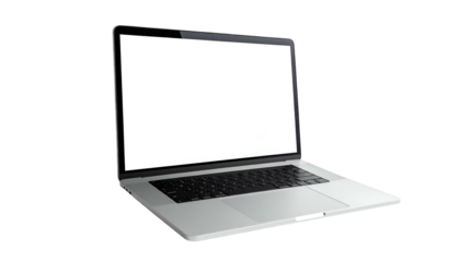 Sleek silver laptop with a bright, empty screen, angled against a black background