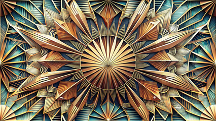 European and Western Art Deco Sunburst Pattern, Gold Teal Geometric Radial Starburst, 1920s Gatsby Luxury Metallic Vintage Background