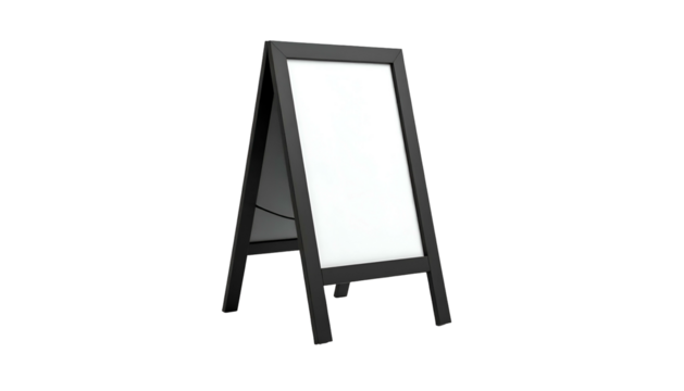 A black, empty, A-frame sign with a white display, angled and isolated on black