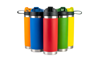 Five vibrant insulated water bottles stand close together, various colors