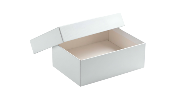 A stark white rectangular box, lid slightly ajar, set against a contrasting black backdrop